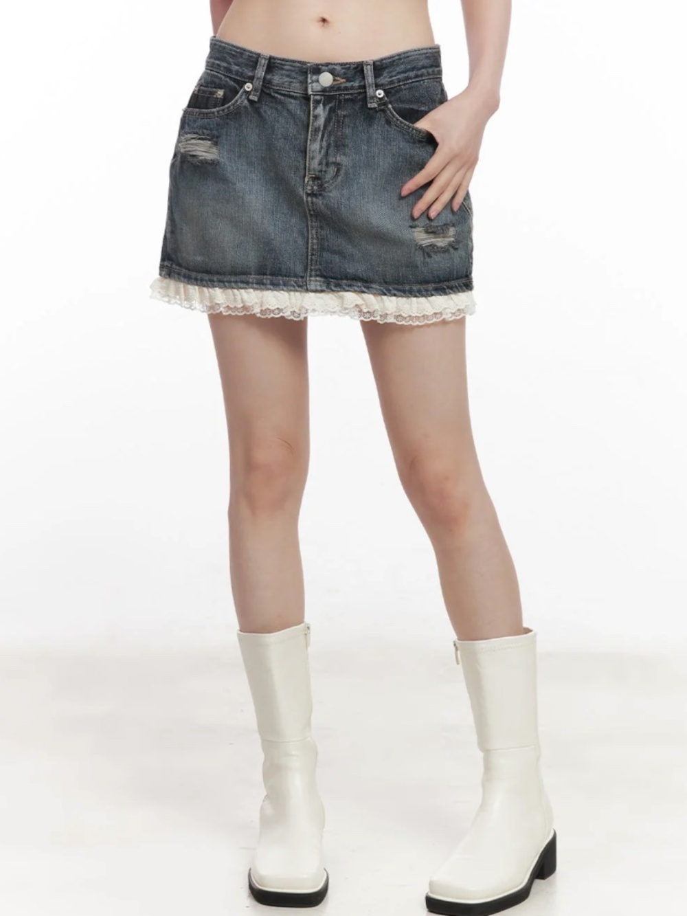 Acubi / K-pop Lewkin Lace-Trim Distressed Denim Mini Skirt CY521 RUNS SMALL!